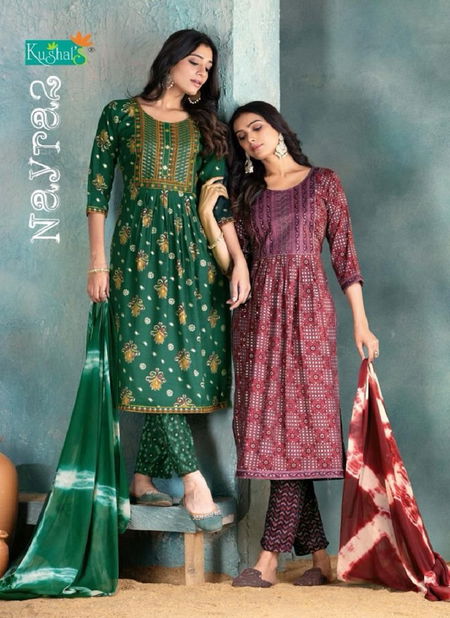 Nayra 2 By Kushals Rayon Printed Naira Cut Kurti With Bottom Dupatta
 Catalog